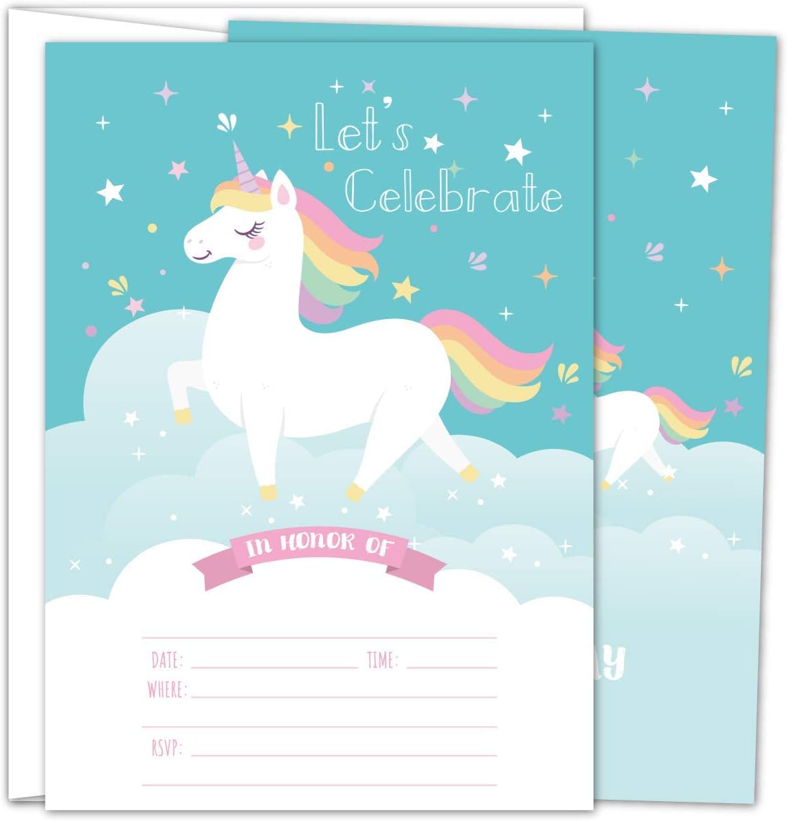Gooji Unicorn Party Invites – 5x7 Large 25pcs Double Sided Rainbow Unicorn Invitations With 25 Envelopes – Magical Invite Cards For Baby Shower, Baby Registry And Girls Birthday Party Supplies …