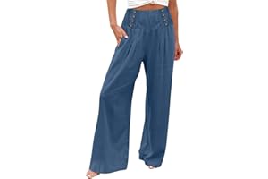 MIDELXP Wide Leg Linen Pants for Women Elastic Smocked Waist Palazzo Pants Lightweight Summer Boho Beach Pants with Pockets