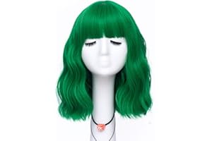 LABEAUTÉ Green Wig Short Bob Wavy Wig with Air Bangs for Women, St.Patrick's Day Wig Heat Resistance Shoulder Length Curled Wigs for Daily Use, Cosplay and Theme Parties- 14inch, Mint Green