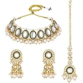 Aheli Kundan Beads Studded Choker Necklace Jhumki Earrings & Maangtikka Bharatanatyam jewellery set Ethnic Function Fashion Jewellery Gift for Women