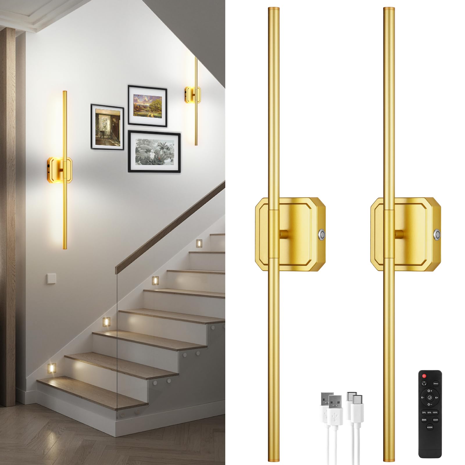 LUMINZENLUX Modern Rechargeable Wall Sconces Set of Two Battery Operated with Remote,10000mAh Gold Wall Lights Dimmable Adjustable 3000K-6500K for Bedroom Bathroom Indoor