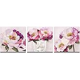LevvArts Pink Peony Floral Canvas Wall Art Modern Flower Paintings Pink Bathroom Bedroom Decor, 3 Piece Set