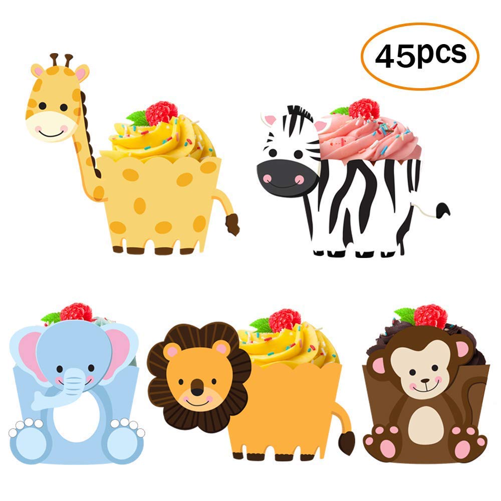 Amazon Com 45 Pack Zoo Animal Cupcake Toppers Cupcake Wrappers For