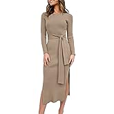 ANRABESS Womens Long Sleeve Sweater Dress Crew Neck Slim Fit Slit Tie Waist 2025 Ribbed Knit Bodycon Midi Dress Fall Outfits