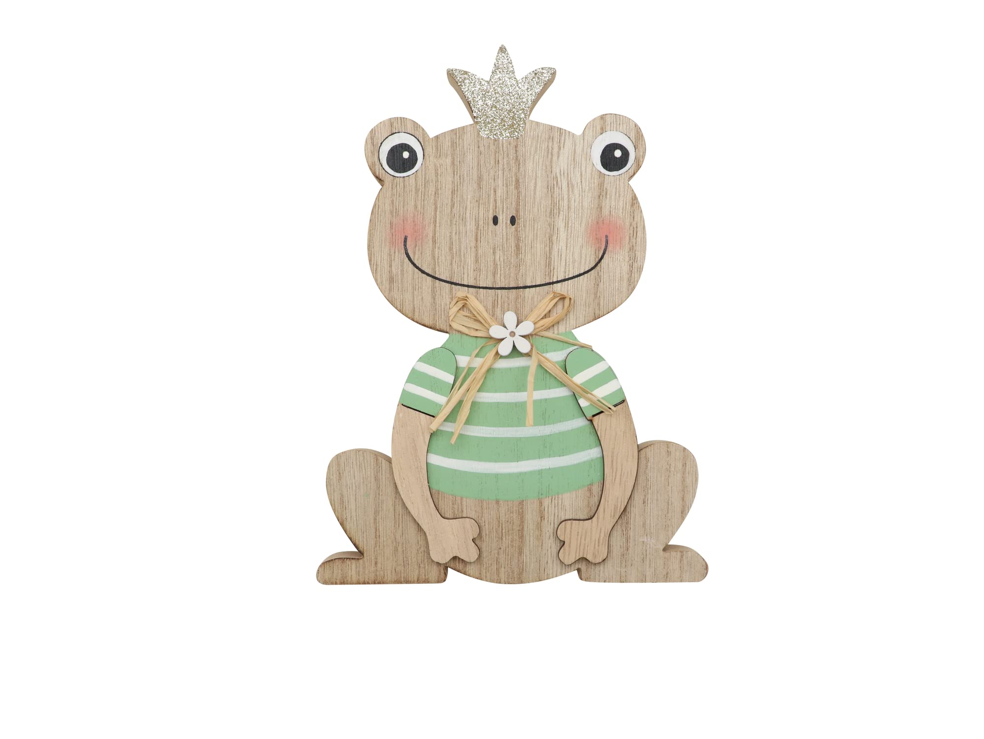 Glorex 6 1860 404 Wooden Frog Figurine to Stand Up with Green Shirt Approx. 12 x 18 x 2 cm Decorated with Flower and Glittery Crown