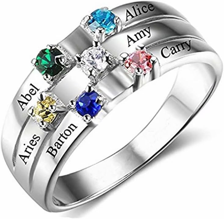 Custom 6 Name Birthstone Mothers Ring Personalised Engraved with Any Word—925 Sterling Silver Rose Gold Family Name Ring for Mom Grandmother Wife Women