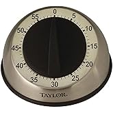 Taylor Mechanical Kitchen Timer 60 Minute | Brushed Stainless Steel Housing, Rubberized Knob, Slip-Proof Base, Loud Ring, Reliable Countdown Timer for Cooking and Baking