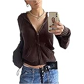 GORGLITTER Women's Cropped Zip Up Hoodie Long Sleeve Hooded Tops Ribbed Knit Y2k Jacket