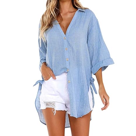 Innerternet Bluse Damen V-Ausschnitt Langarmshirt Elegant Lose Langarm Vorne Kurz Hinten Lang Blusen Casual Hemdblusenkleider
