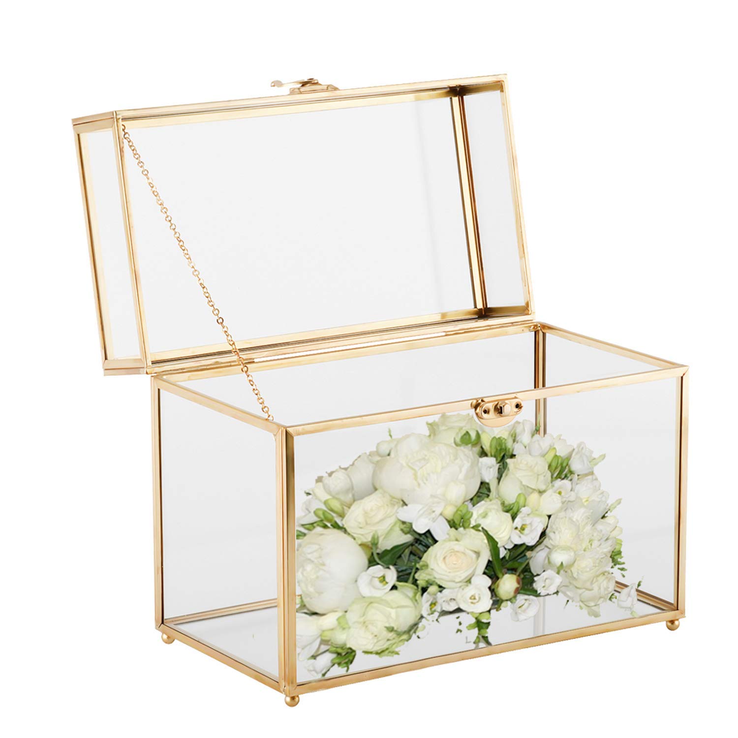 Homtone Wedding Glass Card Box, 25x20x14 cm Large Gold Rectangle Copper Geometric Terrarium, Handmade Clear Display Glass for Reception, Wishwell, Keepsake and Home Décor
