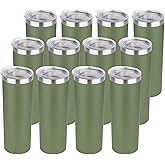 HASLE OUTFITTERS 20 oz Skinny Tumblers Bulk Set, Stainless Steel Insulated Slim Tumblers with Lids, Reusable Double Wall Travel Coffee Mugs, Durable Powder Coated Travel Water Cups(Army Green, 12)