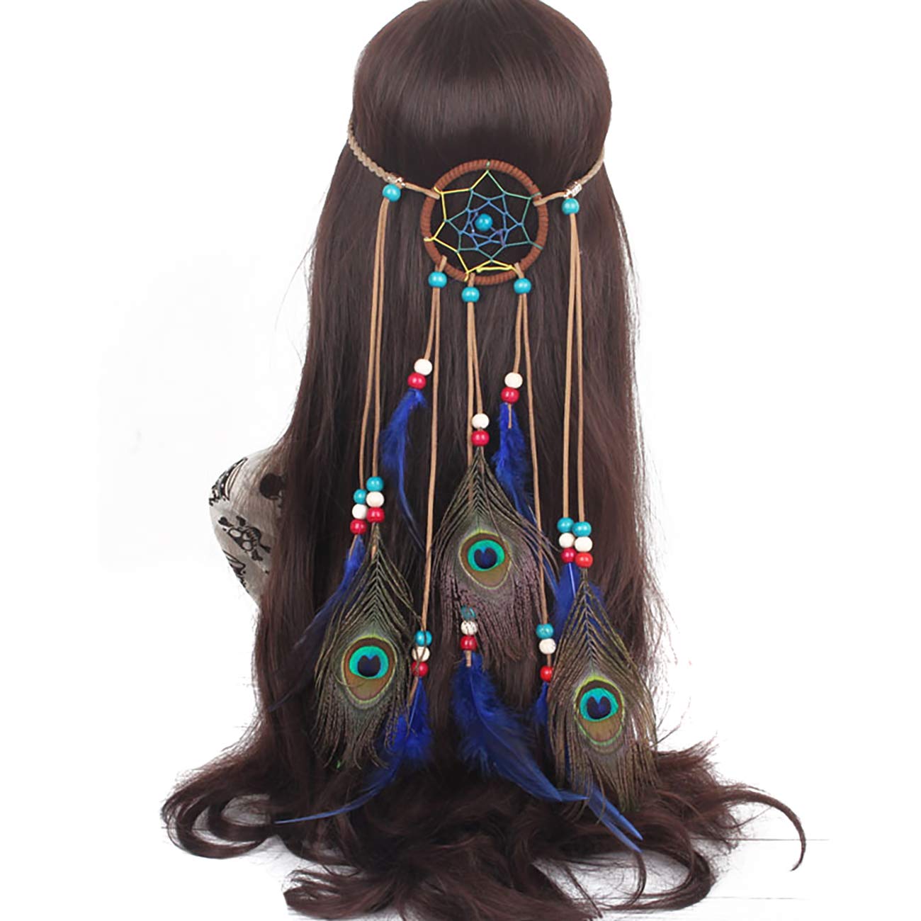 Fodattm Bohemian Peacock Feather Headband Fascinator Dreamcatcher Headdress Hippie Headwear Headpiece Handmade Tribal Indian Feather Hairband Hair Accessories for Women Lady