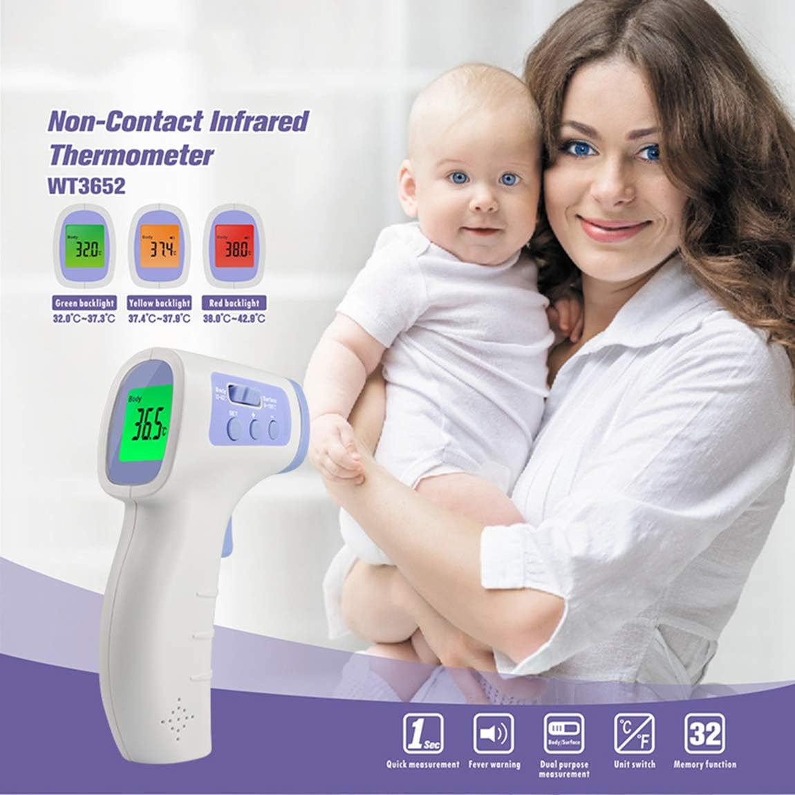 Pburzq Adult Infrared Forehead Body Thermometer, Baby Dual-Use Digital Thermometer Human Body Object Thermometer Forehead Gun Child Non-Contact Electronic Measurement Meter