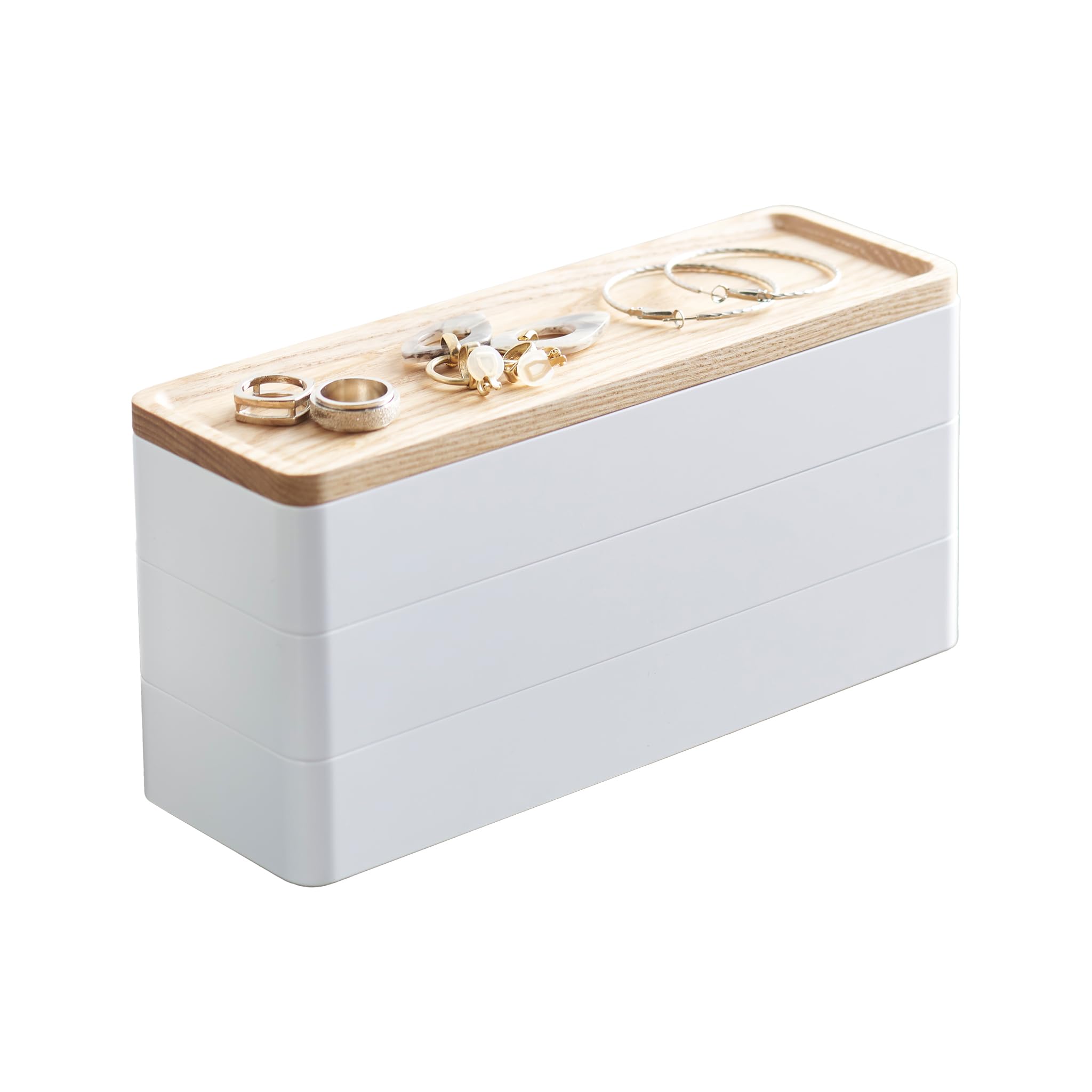 YAMAZAKI 5811 RIN 3-Tiered Slim Accessory Case With Lid, white, ABS Resin/Wood, Minimalist, 24 x 8 x 11.5 cm