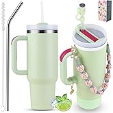 Sanilinwild 40 oz Tumbler Insulated Mug w/Straw & Flip Cap Lids - Cup Holder Bottle with 6 Accessories Set for Hot, Cold Drink - Leak-Proof - Water, Coffee Portable Travel Mug (Apple Green)