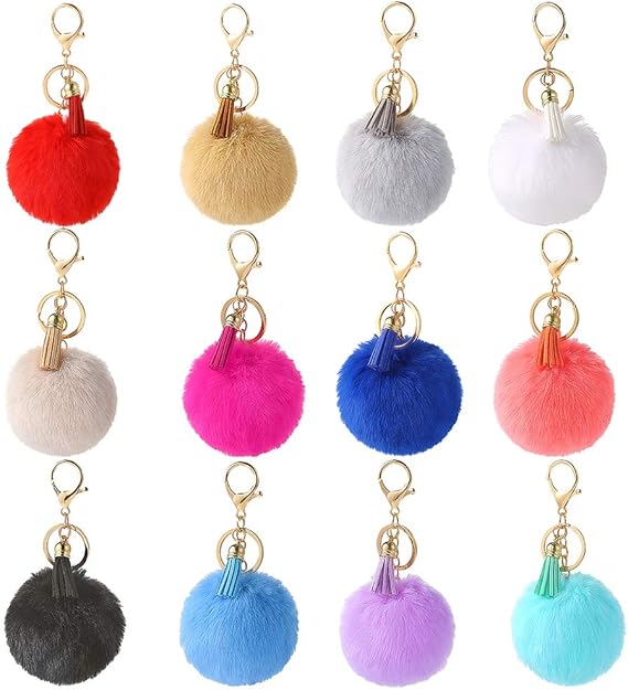 Auihiay 12 Pieces Pom Poms Keychains Fluffy Pompoms Keyring With Tassel