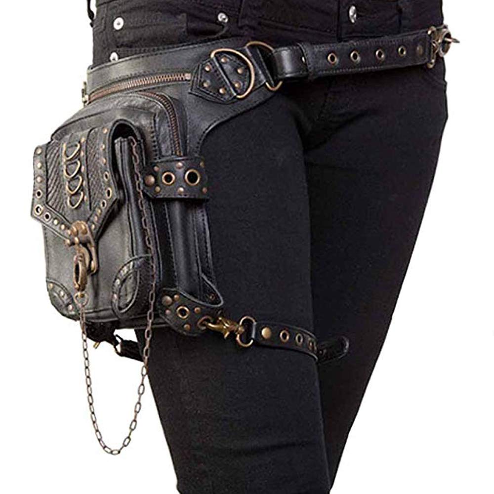 Malayas Steampunk Bag，Multi Functional use and （Waist/Shoulder/Leg） Multiple Ways of Wearing and Using Bag Gothic Unisex,Punk Style/Rock Style/Black