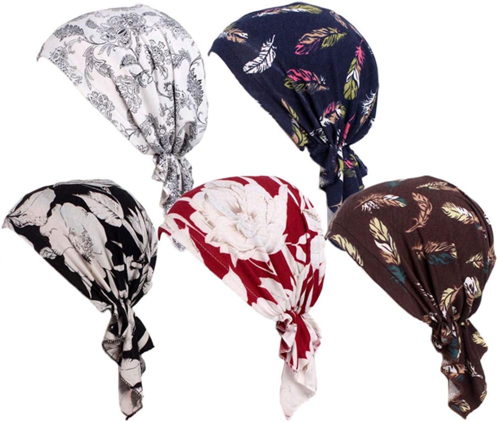 FAIRYRAIN Women 5 Pack Ethnic Print Pre Tied Head Scarf Hat Turban Headwear Women Stretch Flower Urban Headwear for Cancer