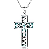 Reaii Natural Turquoise Cross Necklace for Women 925 Sterling Silver Floral Cross Pendant with Genuine Turquoise Jewelry Gifts for Her