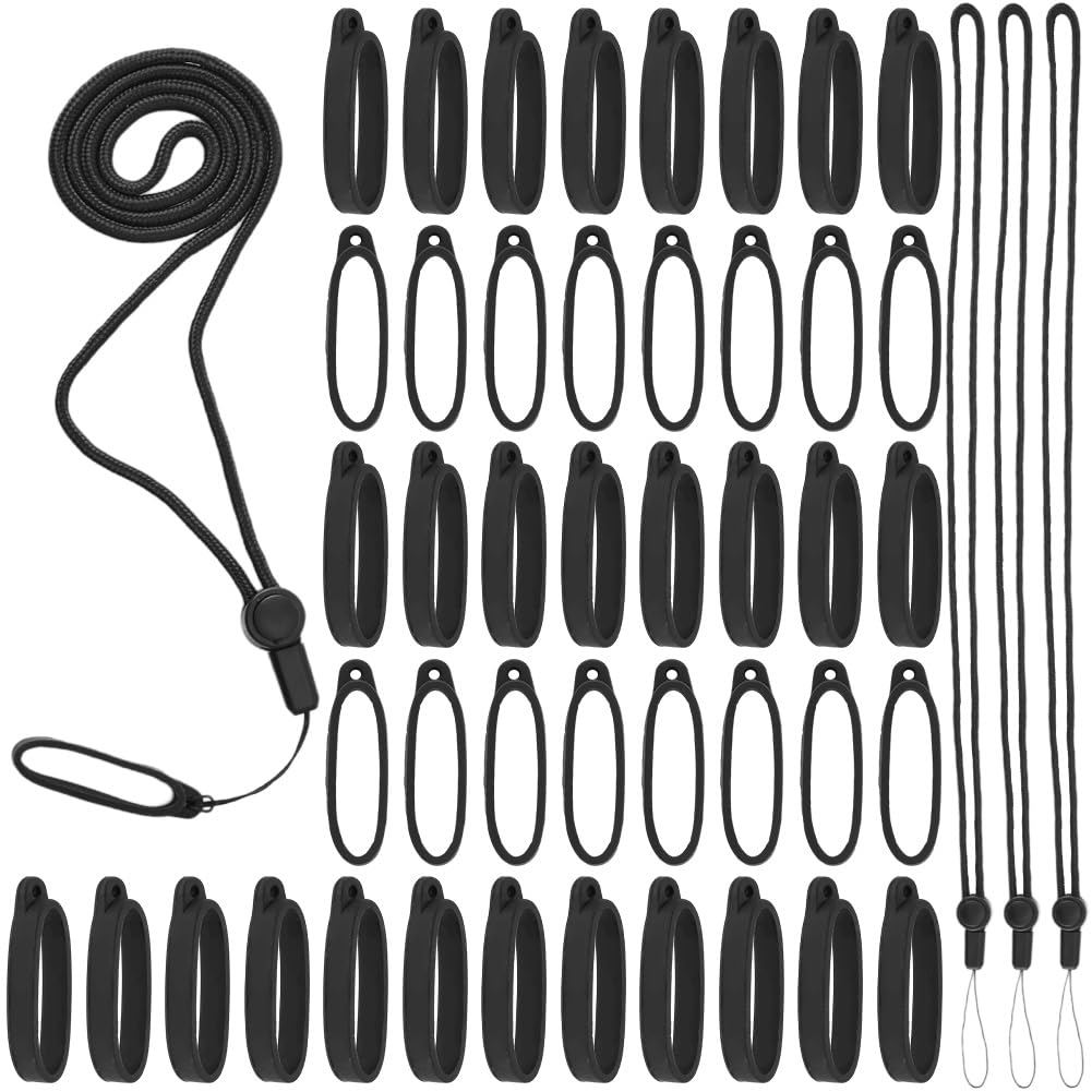 CRASPIRE 43Pcs Anti-Lost Lanyard Set with 40pcs 40mm Silicone Rubber Rings 3Pcs Adjustable Lanyards Strap Pendant Necklace Fixing Holder Soft Protective Replacement Pen Case Multipurpose Keychain