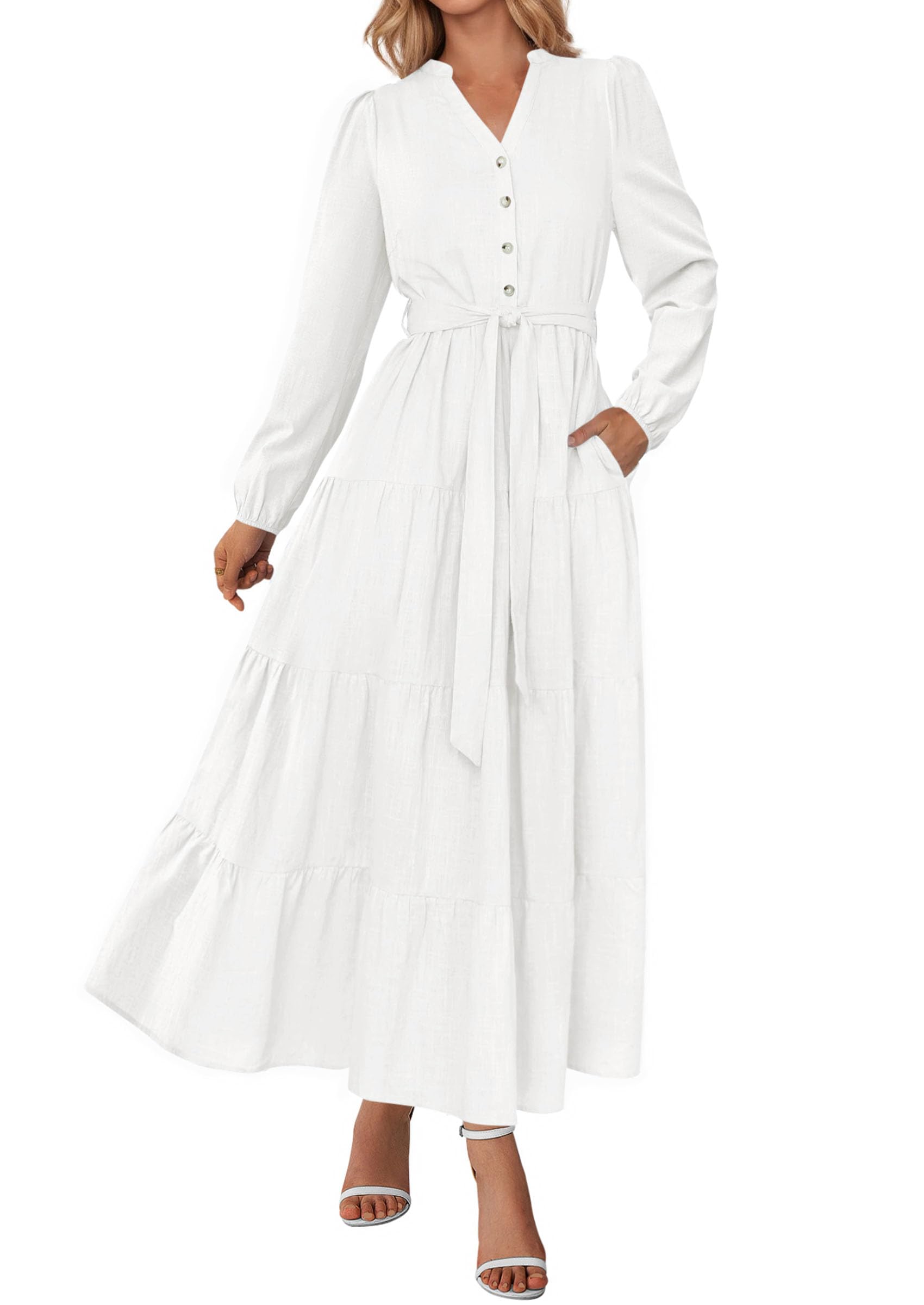 Photo 1 of PRETTYGARDEN Fall Dresses for Women 2025 Long Sleeve V Neck Belted Ruffle A Line Flowy Boho Maxi Wedding Guest Dress Pockets (White,Large)