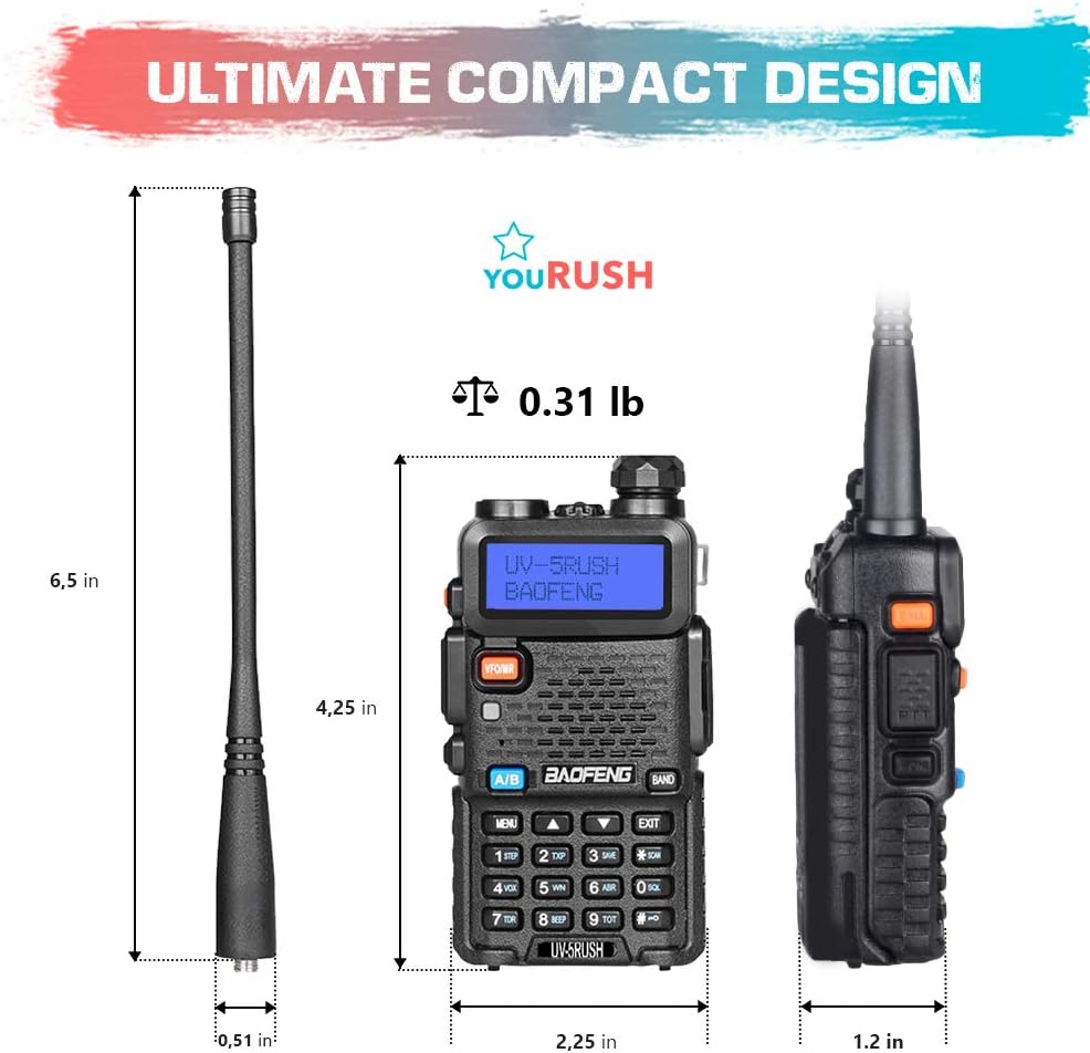 BAOFENG UV-5R 8W Two Way Radio - youRUSH UV-5RUSH Dual Band Radio with Extended BL-5 2800mAh Battery and USB Programming Cable Plus Lanyard - Chirp Support - Portable Ham Radio - Walkie Talkie: Car Electronics