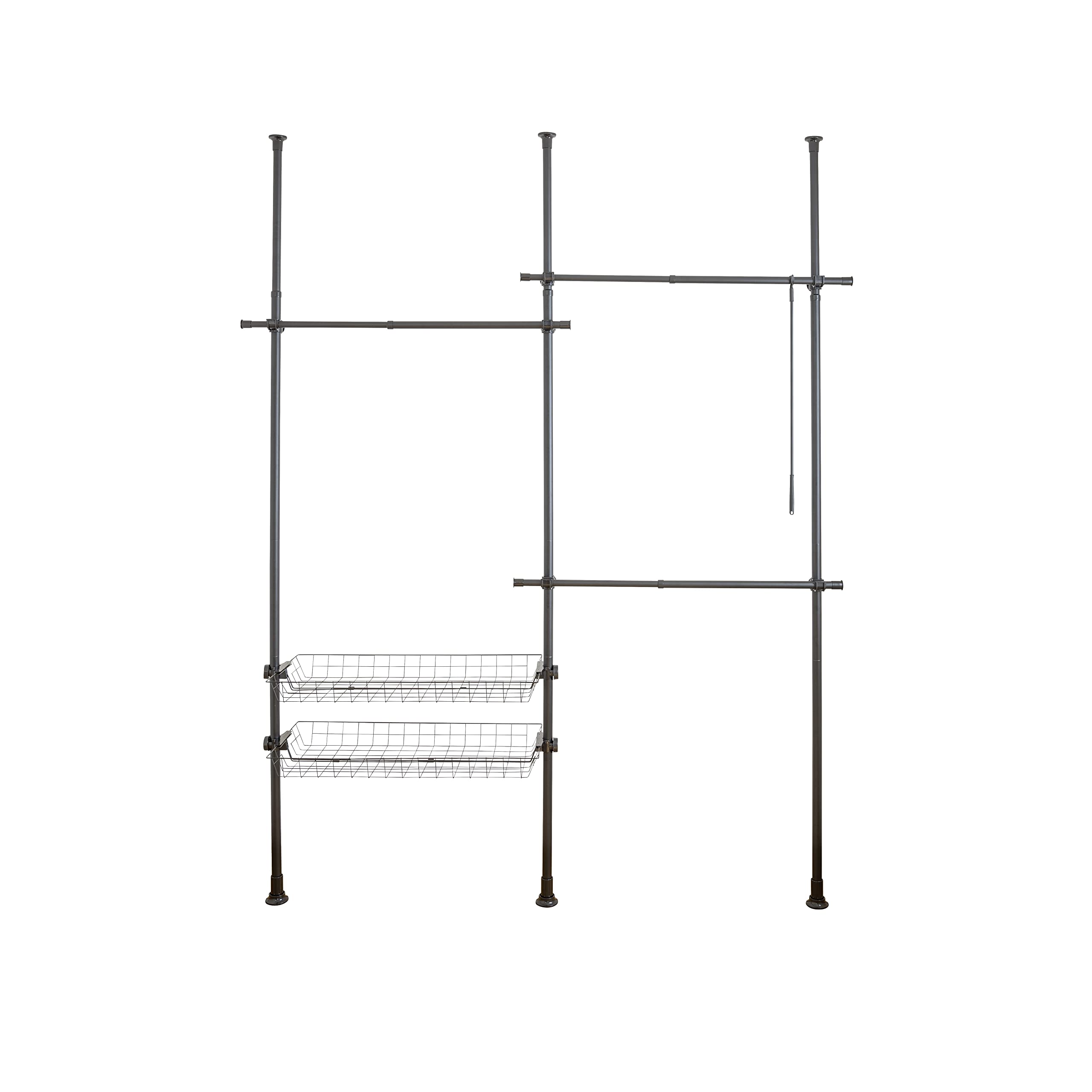 WENKO Herkules Duo Telescopic System, 3 Clothes Rails, 2 Storage Baskets, Extendable, Powder-Coated Metal, 164-215 x 165-300 x 38 cm, Matt Black