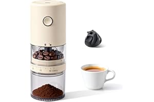 LAMIDO Portable Electric Burr Coffee Grinder - Grind While Charging - Visual Bean Hopper - 38 External Grind Settings - 1.8X Faster Grinding - 2000 mAh Battery for Travel, Camping - Cream White