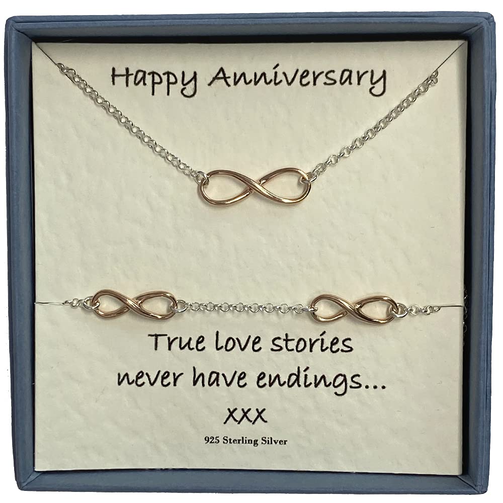 Strictly Gifts Silver and Rose Gold Infinity Symbol Necklace & Bracelet with Happy Anniversary Message Card and Gift Box for Wife or Girlfriend