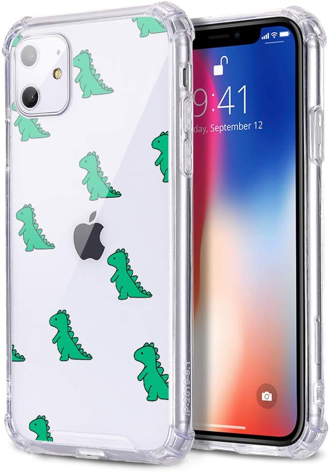 MAYCARI Cute Dinosaur Case Clear for iPhone XS, Cartoon Animal Design Transparent Shockproof Hard PC Back + Soft TPU Bumper Scratch-Resistant Cover for Boys&Girls