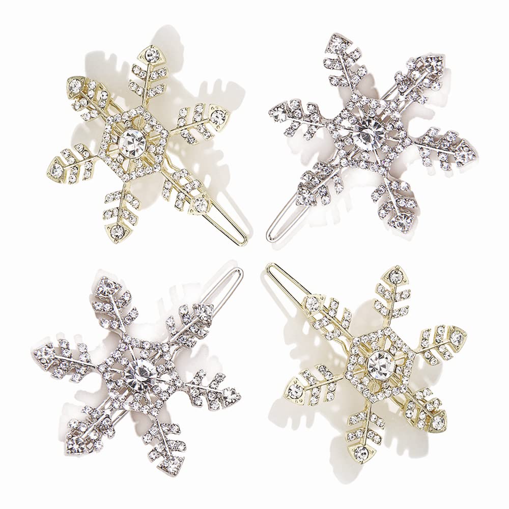 4 Pcs Hair Clips Silver Crystal Hair Barrettes Hair Accessories Snowflake Hair Pins for Women and Girls