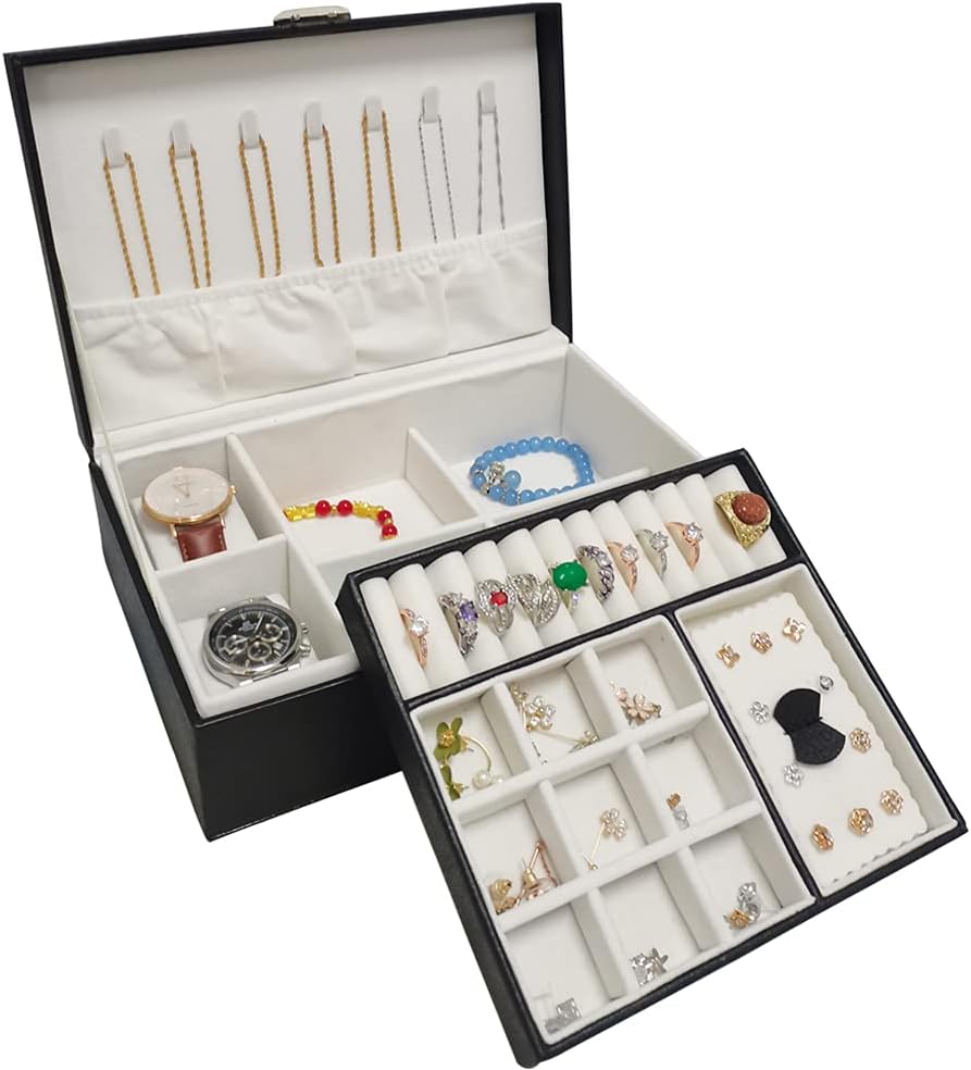 PUFIER Two Layer Senior Flannel Jewelry Organizer with 2 Watch Case Jewelry Box Waterproof Leather Jewelry Storage Case Necklace Rings Earings Display Holder for Women Girls gift: Home Improvement