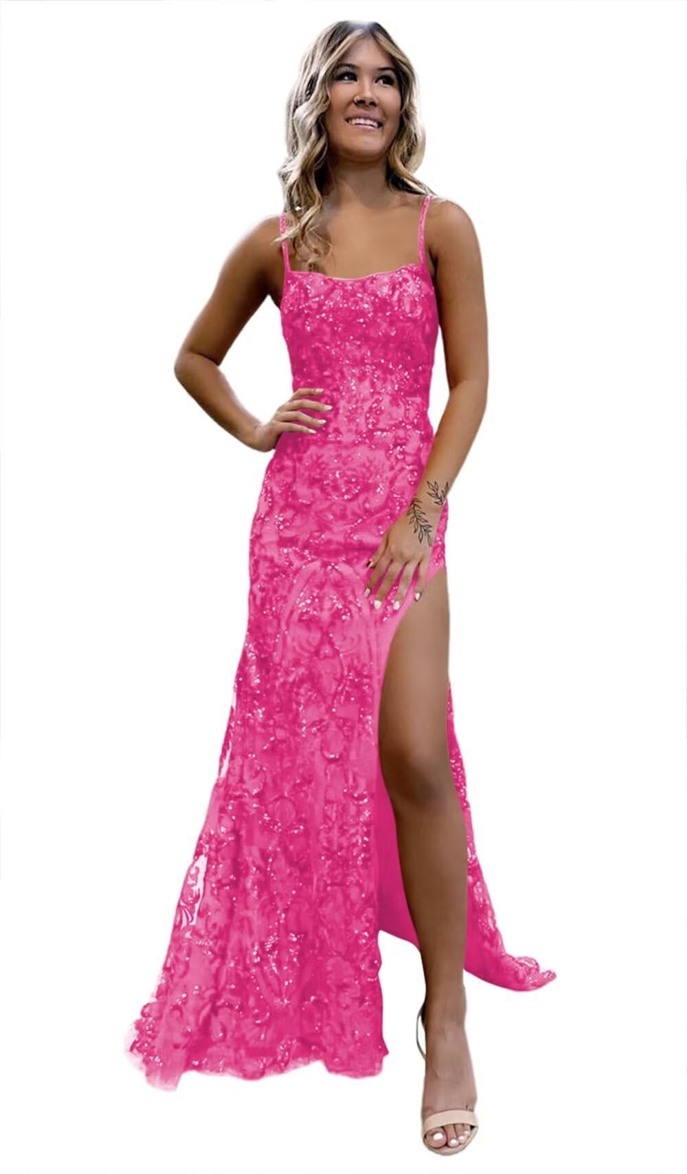 Photo 1 of *********READ CLERK NOTES*********
 Spaghetti Straps Mermaid Square Neck Prom Dress with Slit Hot Pink Sequin Sparkly Long Ball Gown for Women Wedding Party US Size 08