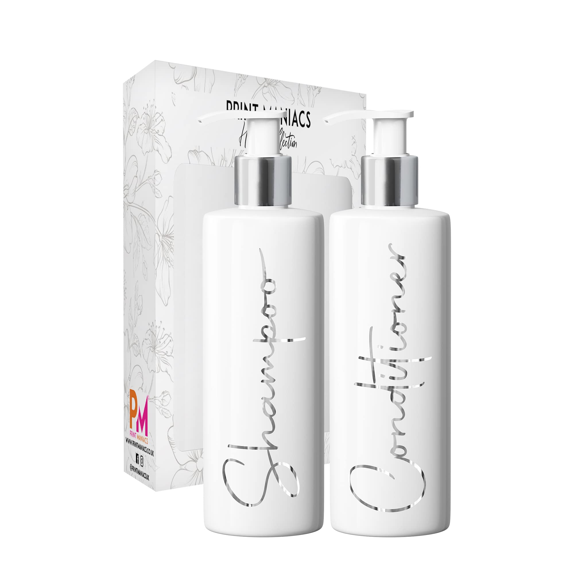Print Maniacs Mrs Hinch Inspired White Personalised Dispenser Pump Bottles Shampoo Conditioner 2 Set F2 (Silver)