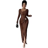 FOTKLAX Women's Long Sleeve Maxi Bodycon Dresses Elegant Semi Formal Cocktail Knit Body Con Asymmetrical Weddding Guest