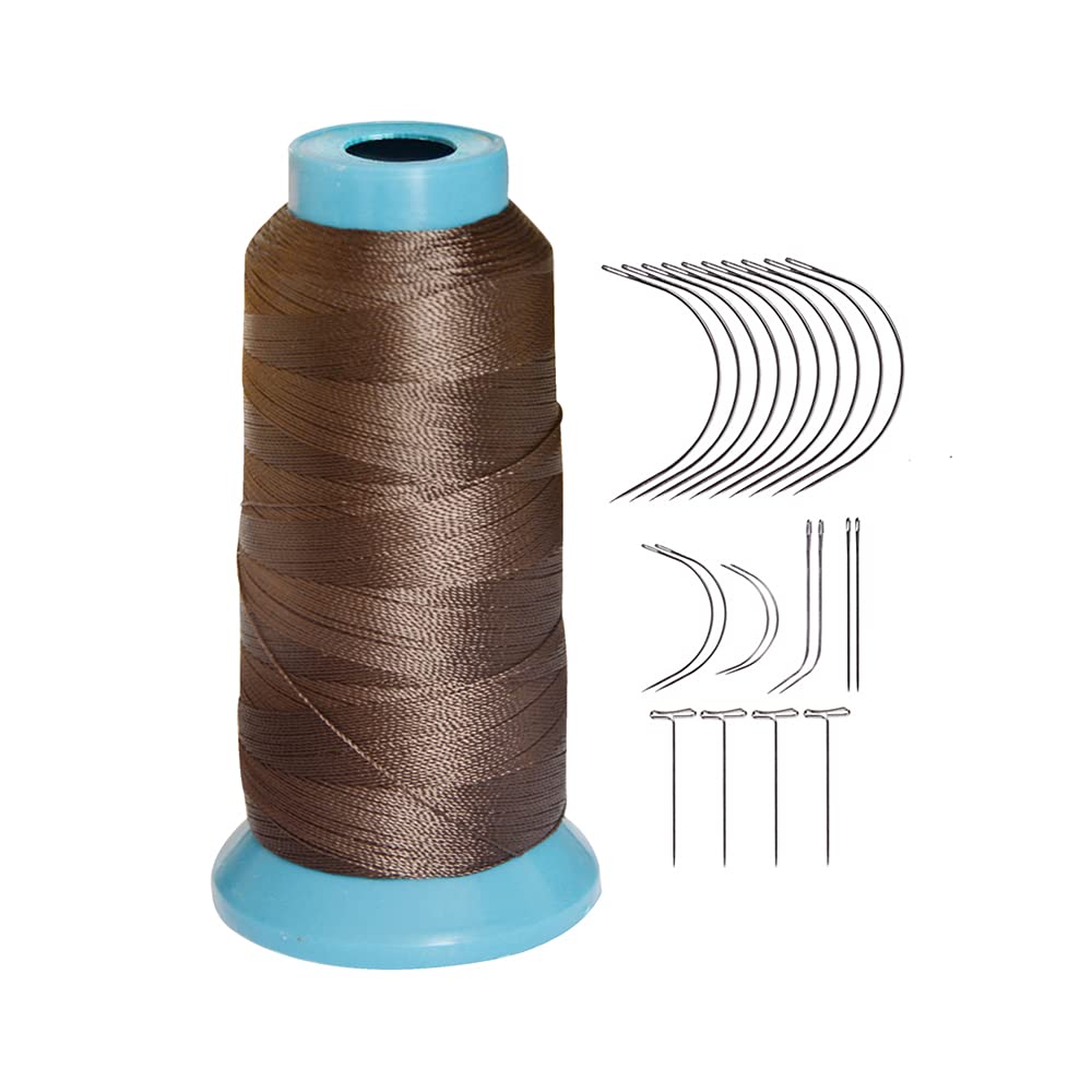 Bonded Sewing Thread Polyester Weaving Thread 1200 Yards 250D with 12pcs 9cm C Type Needles Curved Hair Needles（Dark Brown）