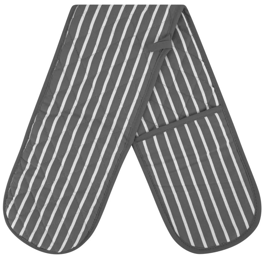 Grey Double Oven Gloves Heat Resistant Oven Mitts for Home Kitchen Baking and Cooking, Butchers Stripe Pot Pan Tray Double Oven Gloves, Heavy Duty Cooking Oven Gloves (Grey)