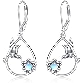 Hummingbird with Moonstone Dangle Earrings 925 Sterling Silver Hummingbird Leverback Earrings for Women