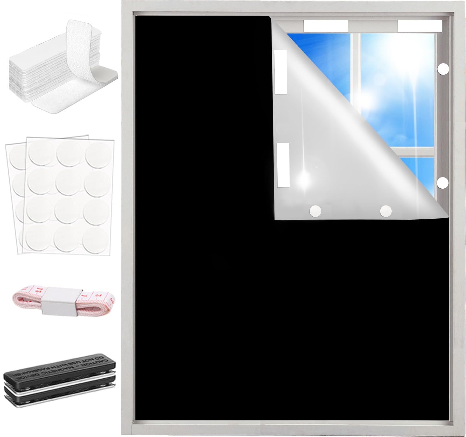 Photo 1 of 100% Blackout Window Cover Curtains for Bedroom 57x39Inch,No Drill,DIY Cut Portable Black out Shades Blinds Cover for Baby Nursery,RV,Media Room,Removable Hook Loop Tape Straps Stickers,Magnetic Clips