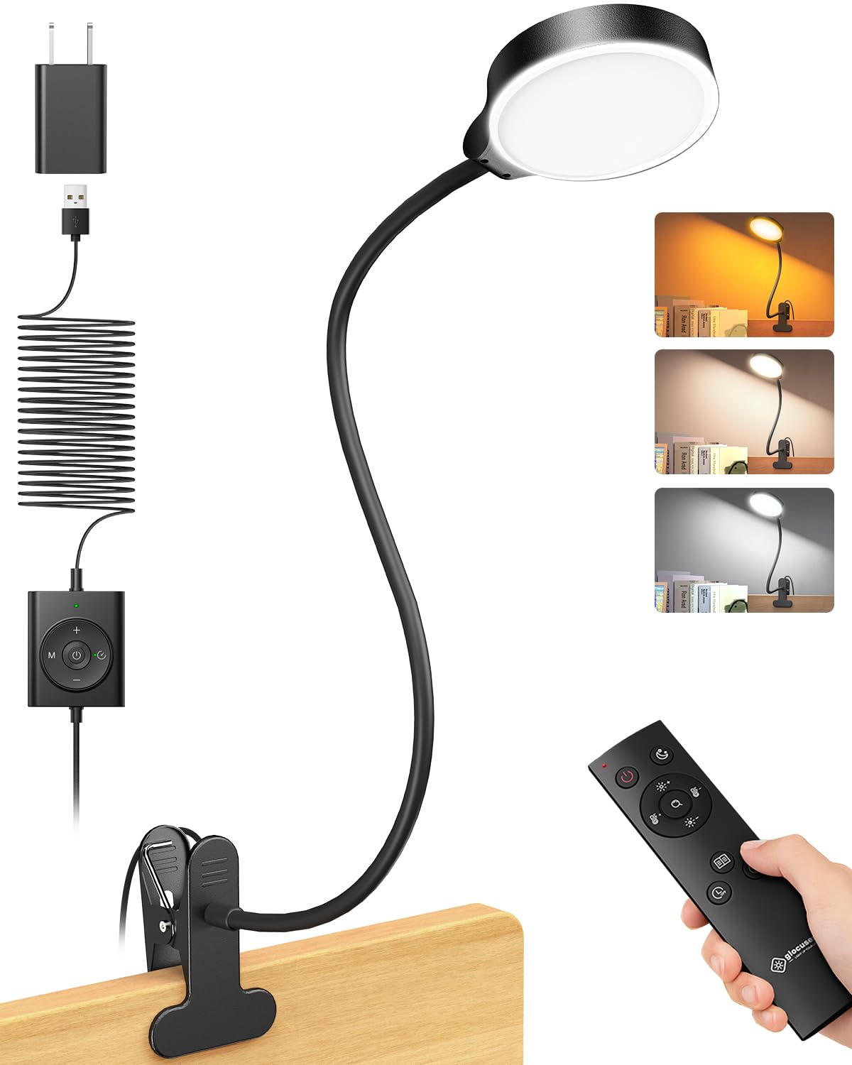 Photo 1 of Glocusent Brighter Clip on Lamp with Remote, Eye-Caring Clip on Light for Bed Headboard, 3 Color & 5 Brightness Bed Lamp, 30-Min Auto-Off Timer, Reading Light with Adapter
