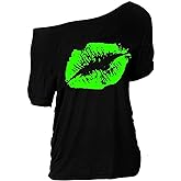 MAGICMK Women Casual Plus Size Lips Print Off Shoulder T-Shirt Tops