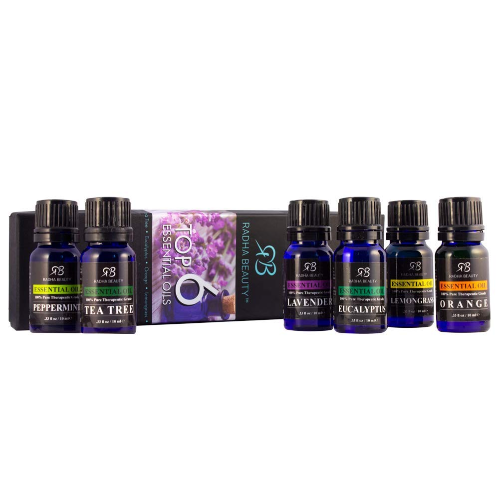 Radha Beauty Aromatherapy Top 6 Essential Oils (Lavender, Tea Tree, Eucalyptus, Lemongrass, Orange, Peppermint) - 100% Natural Basic Gift Set for Aromatherapy, Diffusers, Soap, DIY Skincare : Beauty