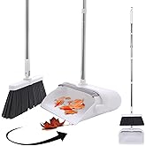 Heavy Duty Broom and Standing Dustpan Combo Set, Rotatable Head Dust Pan and Brush Set with Collapsible Handle, Cleaning Teeth, Hanging Loop, Ideal for Pets, RV, Kitchen, Camping, Outdoor Floor, White