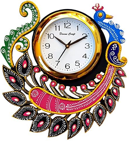 Divinecrafts Handpainted Peacock Wooden Wall Clock - 13x13 in, Multi Color
