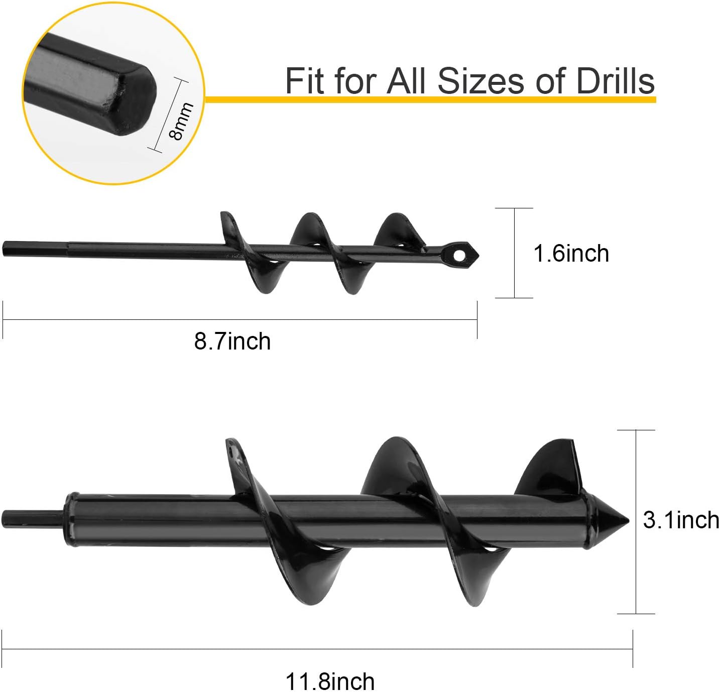 Garden Auger Drill Bit Set, Baowox 2 Pcs 12" and 9" Inch Garden Rapid Planter with Garden Genie Gloves for Planter Tree Hand Cordless Drill Soil Posthole Digging Holes: Home Improvement