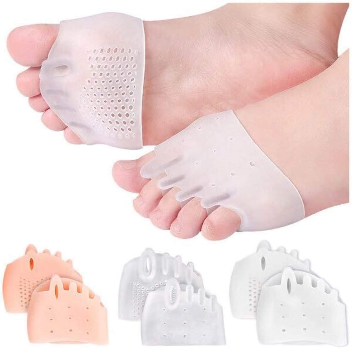 Five-Hole Metatarsal Pads, Ball of Forefoot Cushions, Breathable Toe Separators for Foot Pain Relief (2 Pairs) (Transparent): Health & Personal Care