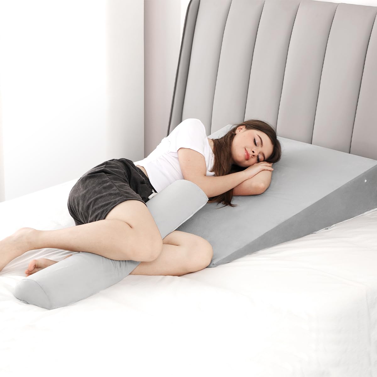 OasisSpace Wedge Pillow Extra Large Orthopedic Bed Wedge Pillow Set, Memory Foam Sitting Wedge Pillow for Adults, Wedge Pillow for Sleeping, GRED and Acid Reflux (7.5''Hx35''Lx32''W)