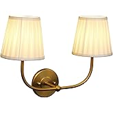 PERMO Vintage Sconce Gold 2 Lights Wall Sconces with Pleated Beige Stripe Fabric Shades Antique Bathroom Double Sconces Hardw