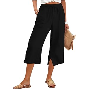 Wide Leg Capri Pants for Women Summer Casual Cropped Pants Elastic Waist Loose Lightweight Drawstring Capris with Pocket