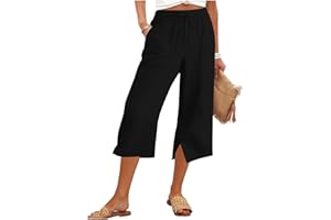 Women's Wide Leg Capri Pants Drawstring High Waisted Linen Summer Capris Flowy Boho Beach Cropped Pants with Pockets